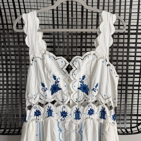 Farm Rio Cross-Stitch Richelieu Linen Blend Dress - Picture 6 of 10